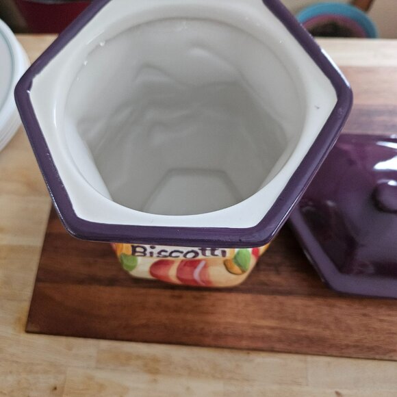 Nonnies hand painted ceramic cookie jar with purple top fruit motif - Picture 6 of 13